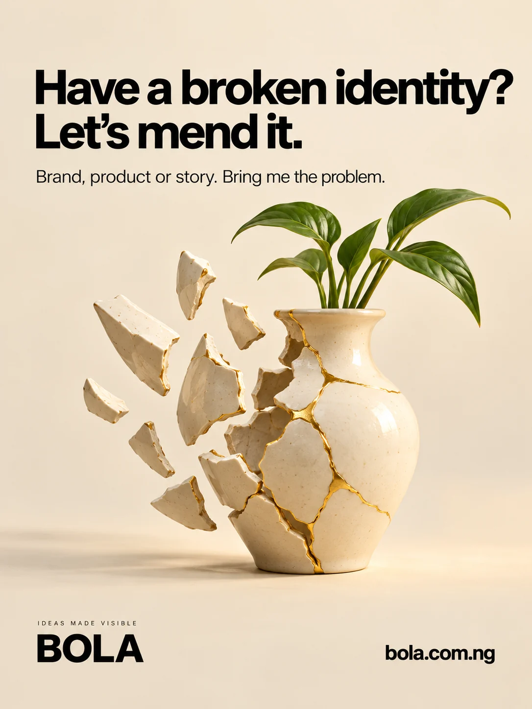 BOLA concept: A ceramic vessel repaired with gold, holding a growing plant.