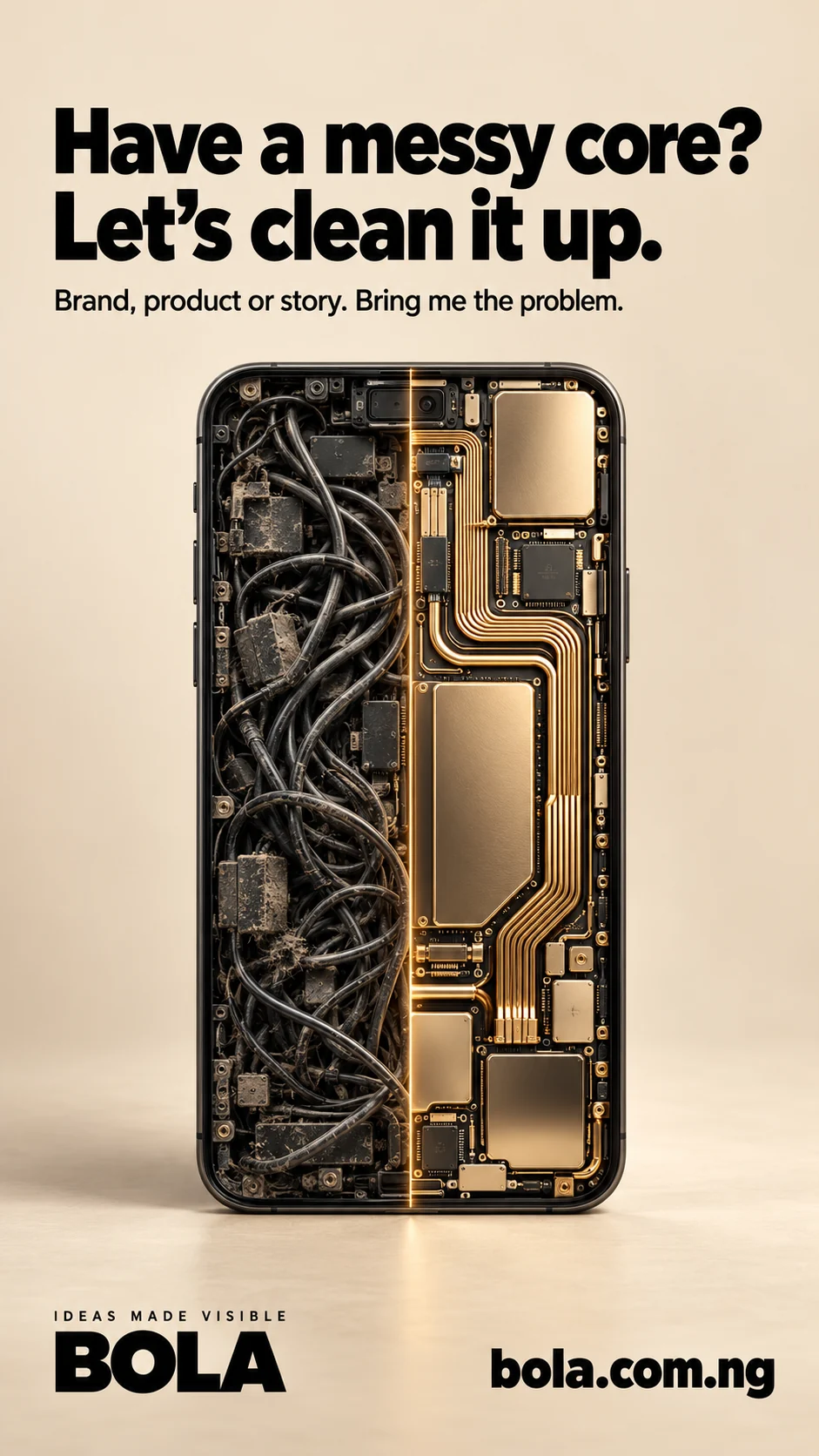BOLA concept: Tangled phone wiring becomes precise golden circuitry.