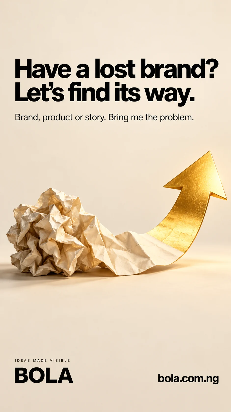 BOLA concept: Crumpled paper unfolds into an upward golden arrow.