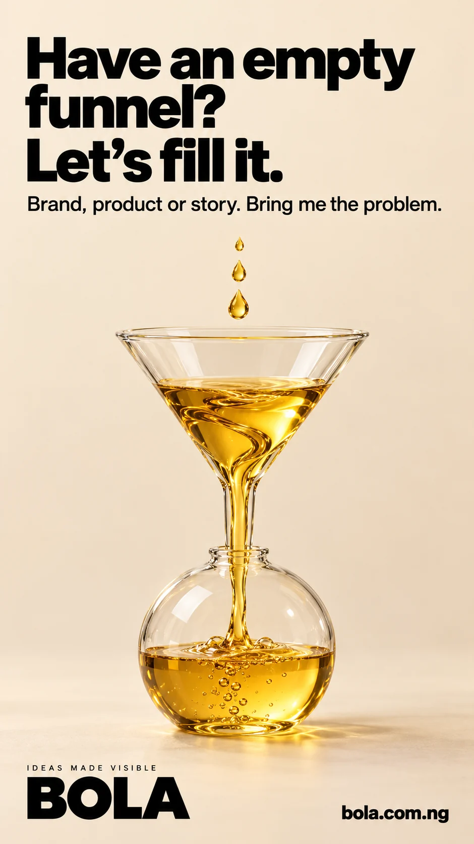 BOLA concept: A golden funnel fills a rounded glass vessel.