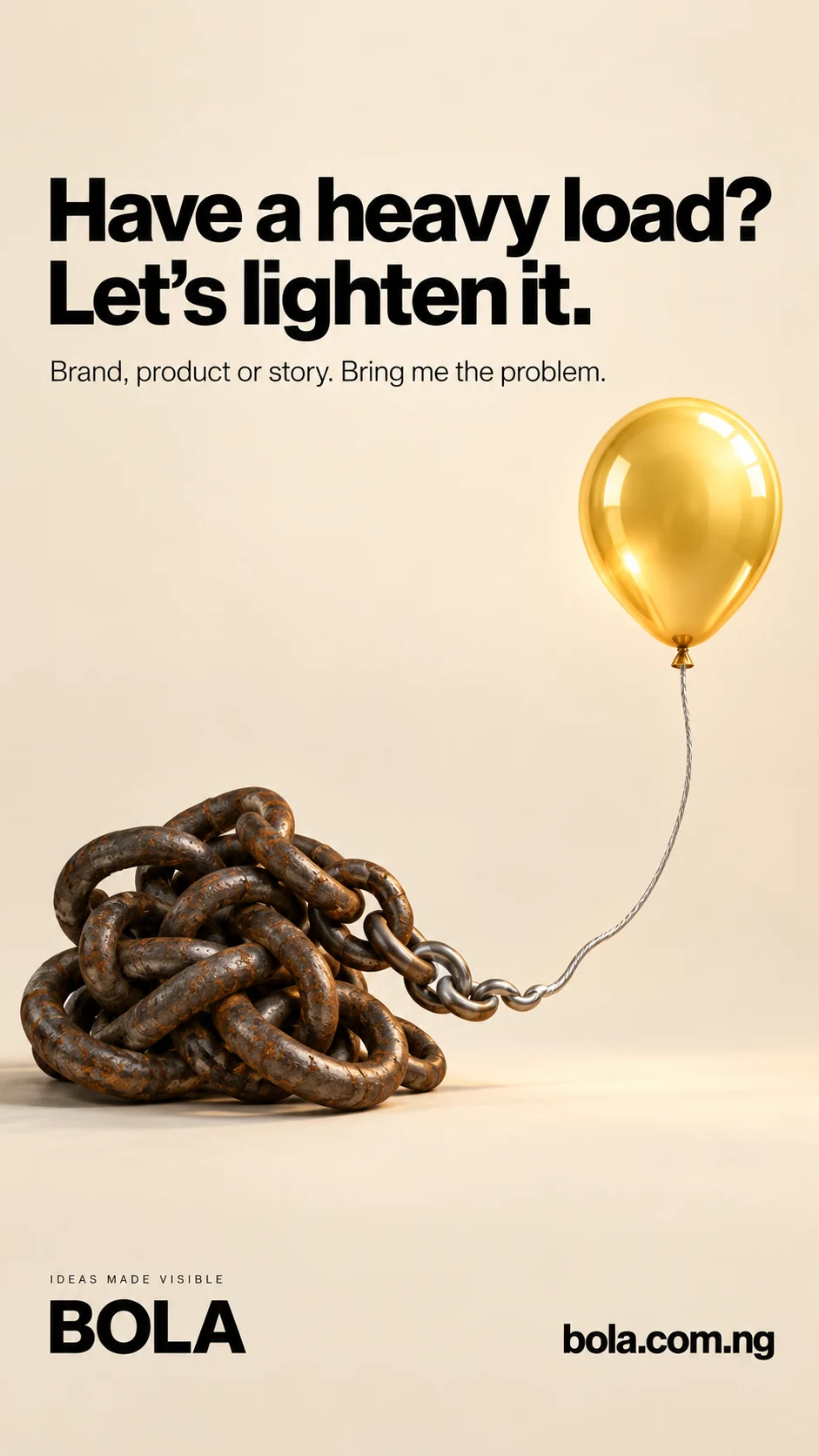 BOLA concept: A gold balloon lifts a section of heavy dark chain.