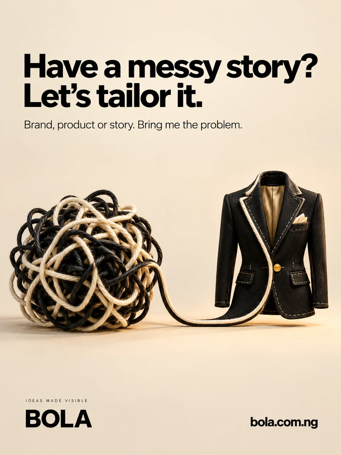 BOLA concept: A ball of tangled yarn becomes a tailored black jacket with gold details.